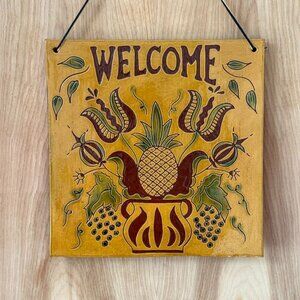 Folk Art Welcome Plaque Studio Pottery By Laura Jurford 2001 Pineapple Floral